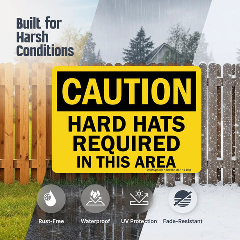 Caution Hard Hats Required In This Area Sign 10 By 14 Inch Aluminum Black On Yellow Durable Outdoor Safety Sign featured outdoors.