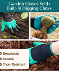 Garden gloves with built-in digging claws, breathable and durable, shown handling soil and a cactus plant.