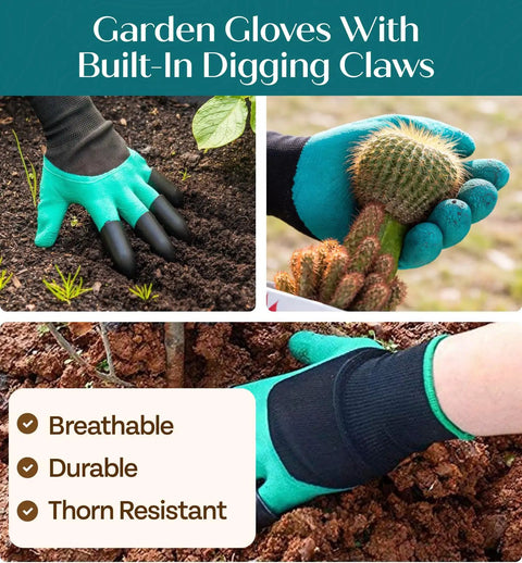 Garden gloves with built-in digging claws, breathable and durable, shown handling soil and a cactus plant.