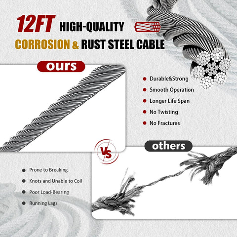 Comparison of 12 ft corrosion-resistant steel cable; part of 2 Ton Come Along Winch With 12 Ft Steel Cable And Dual Gear System.