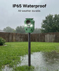 Four Pack Solar Motion Sensor Animal Deterrents With LED Strobe Lights Waterproof Outdoor Ultrasonic Repellent For Deer Dogs Cats Raccoons Skunks Coyotes Protect Your Garden Yard And Lawn, green IP65 pole-mounted unit in rain