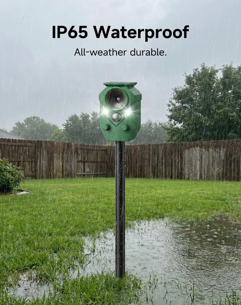 Four Pack Solar Motion Sensor Animal Deterrents With LED Strobe Lights Waterproof Outdoor Ultrasonic Repellent For Deer Dogs Cats Raccoons Skunks Coyotes Protect Your Garden Yard And Lawn, green IP65 pole-mounted unit in rain