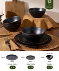Venus 12 Piece Stoneware Plates And Bowls Set With Trim Chip Resistant Dinnerware For Four Matte Black Lead Free Cadmium Free