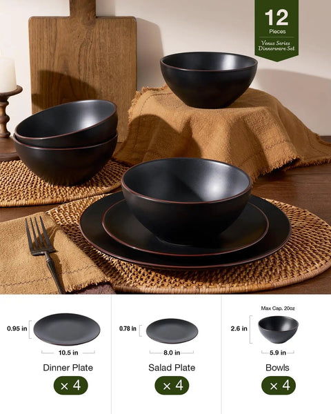 Venus 12 Piece Stoneware Plates And Bowls Set With Trim Chip Resistant Dinnerware For Four Matte Black Lead Free Cadmium Free