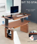 Top Shelf Executive Sit Stand Desk Rich Walnut Top With Generous 71 By 30 Surface Built In Drawers Power Outlet Cable Management Ergonomic Height Adjust Workstation Heavy Hitter Setup in modern office setting.