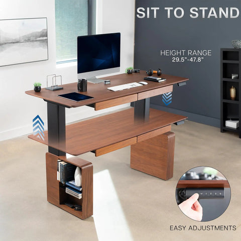 Top Shelf Executive Sit Stand Desk Rich Walnut Top With Generous 71 By 30 Surface Built In Drawers Power Outlet Cable Management Ergonomic Height Adjust Workstation Heavy Hitter Setup in modern office setting.