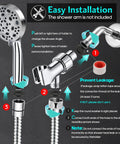 Diagram showing easy installation of high pressure shower head with ten modes, handheld option, 80 inch stainless steel hose.
