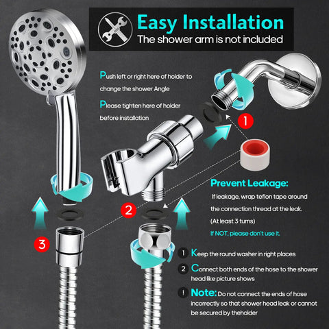 Diagram showing easy installation of high pressure shower head with ten modes, handheld option, 80 inch stainless steel hose.
