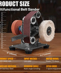 Rock Solid Mini Belt Sander And Knife Sharpener Bench Grinder Kit With Seven Speed Settings For Tough DIY Metal Work showing size and features.
