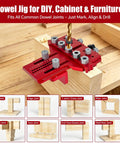 Professional Dowel Jig Kit With Secure Position Stop And Heavy Clamp For Rapid Five Hole Drilling on wooden surface.
