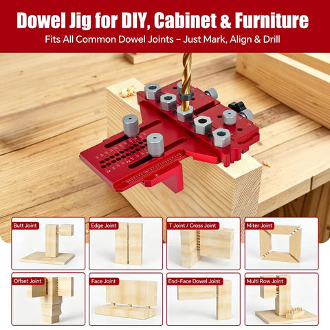 Professional Dowel Jig Kit With Secure Position Stop And Heavy Clamp For Rapid Five Hole Drilling on wooden surface.