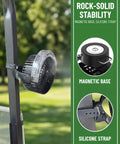 2-Pack Magnetic Golf Cart Misting Fan With Heavy-Duty Strap And 12000mAh Battery, fan attached to metal with magnetic base.