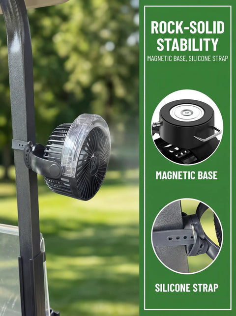 2-Pack Magnetic Golf Cart Misting Fan With Heavy-Duty Strap And 12000mAh Battery, fan attached to metal with magnetic base.