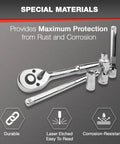 75 Piece One Quarter Inch Drive Impact Socket Set With Ratchet Extensions And Universal Joint Pro Grade Quality displayed on gray background