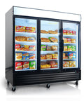 Straight Fire Commercial Display Freezer With Three Glass Doors And Seventy Cubic Feet Storage displaying frozen food products with LED lighting.