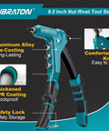 One Handed Rivet Nut Gun Kit with 80 Threaded Nuts and 8 Interchangeable Mandrels, aluminum body, ergonomic grip, side view