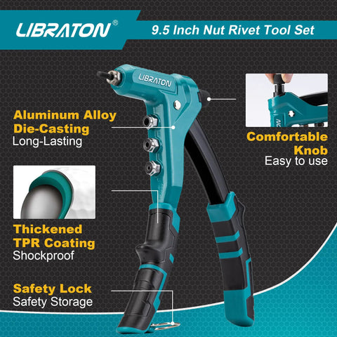 One Handed Rivet Nut Gun Kit with 80 Threaded Nuts and 8 Interchangeable Mandrels, aluminum body, ergonomic grip, side view