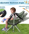 Child sitting in green Kids Hammock Chair With Stand, Adjustable Folding Camping Chair For Travel, adjustable backrest shown