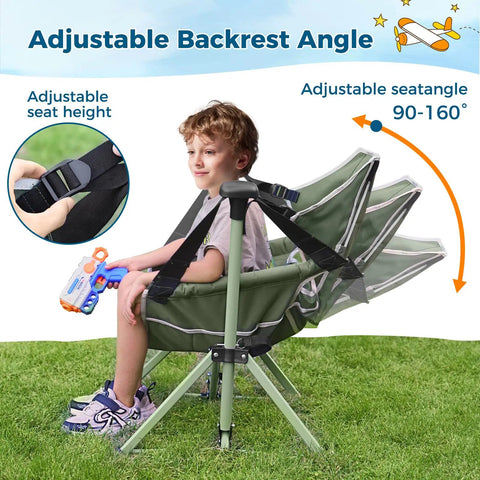 Child sitting in green Kids Hammock Chair With Stand, Adjustable Folding Camping Chair For Travel, adjustable backrest shown