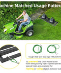 Man using a heavy duty lawn leveling rake with stainless steel build, 68 inch adjustable handle, attached to lawn mower.