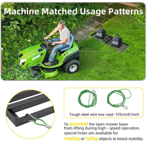 Man using a heavy duty lawn leveling rake with stainless steel build, 68 inch adjustable handle, attached to lawn mower.