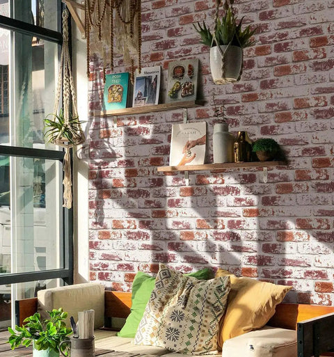 Living room with Red Brick Peel And Stick Wallpaper For Walls Waterproof Self Adhesive Removable Faux 3D Brick Backsplash covering