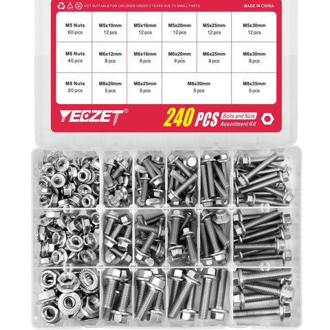 Beefy 240 Piece M5 M6 M8 Flanged Bolts And Nuts Set In Stainless Steel 304 Includes 14 Common Sizes For DIY Projects Automotive Machinery And Home Repairs Ready