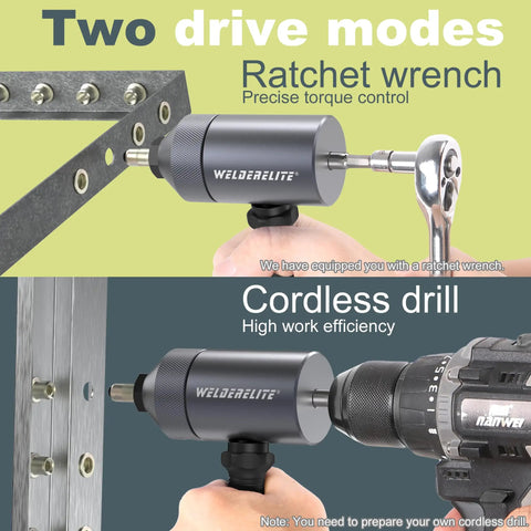 Rivet Nut Drill Adapter Kit With Dual Drive Modes Drill And Ratchet, two modes shown, gray finish, DIY and pro use
