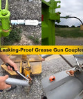 Heavy Duty Quick Release Grease Gun Coupler Set Upgraded To 14000 PSI shown in use on machinery with locking jaw and leak proof design.