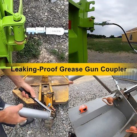 Heavy Duty Quick Release Grease Gun Coupler Set Upgraded To 14000 PSI shown in use on machinery with locking jaw and leak proof design.