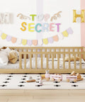 Rock Solid Full Size Montessori Floor Bed With Safety Rails, Natural Solid Wood Kids Sleep Platform in a colorful room.