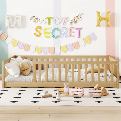 Rock Solid Full Size Montessori Floor Bed With Safety Rails, Natural Solid Wood Kids Sleep Platform in a colorful room.