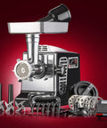 STX Turboforce II Electric Meat Grinder With Foot Pedal And Six Plates, showing stainless steel attachments and motor.