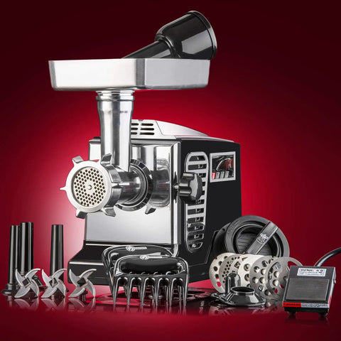STX Turboforce II Electric Meat Grinder With Foot Pedal And Six Plates, showing stainless steel attachments and motor.