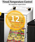 Straight Up Seriously Even Drying Stainless Steel Food Dehydrator With 8 Roomy Trays showcasing timed temperature control and sliced fruit.