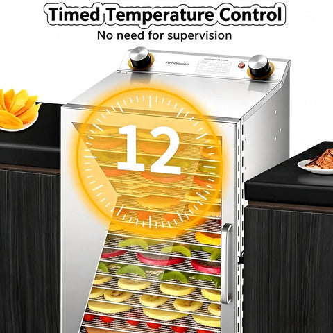 Straight Up Seriously Even Drying Stainless Steel Food Dehydrator With 8 Roomy Trays showcasing timed temperature control and sliced fruit.