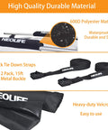 Soft Roof Rack Pads With Two 15 Ft Tie Down Straps For Surfboard, SUP Paddleboard, And Snowboard, Durable Waterproof 600D Polyester Padding, Black Pair For Easy On The Go Gear Hauling with heavy-duty Velcro and metal buckle.