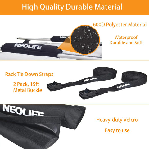 Soft Roof Rack Pads With Two 15 Ft Tie Down Straps For Surfboard, SUP Paddleboard, And Snowboard, Durable Waterproof 600D Polyester Padding, Black Pair For Easy On The Go Gear Hauling with heavy-duty Velcro and metal buckle.