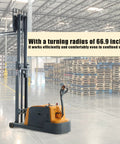 Aequanta Full Electric Walkie Stacker With 3300 Lbs Load Capacity And 118 Inch Lifting Height in warehouse, designed for narrow aisles.