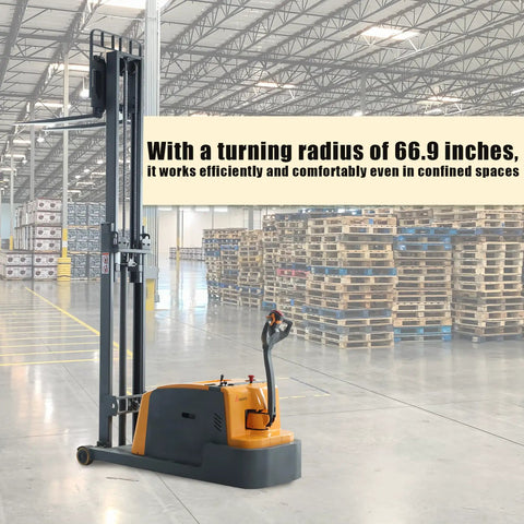 Aequanta Full Electric Walkie Stacker With 3300 Lbs Load Capacity And 118 Inch Lifting Height in warehouse, designed for narrow aisles.