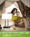 Family reading under a tent with Bedside Touch Control Table Lamp With Dual USB Ports And AC Outlet, white fabric shade