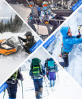 Men and women in winter sports activities like snowmobiling, skiing, and ice climbing, showcasing winter adventure gear.