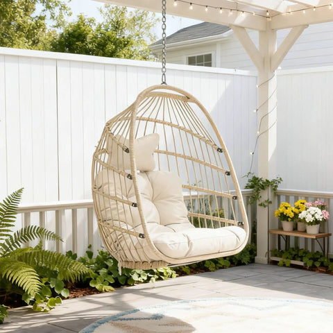 All-Weather Hanging Egg Chair No Stand With 350 Lb Capacity, Durable Wicker Hammock Seat With Cushions on patio
