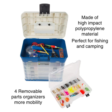 Durable 4 Drawer Tool Box Organizer With 19 Compartments For Camping Gear And Fishing Tackle, open with contents visible.