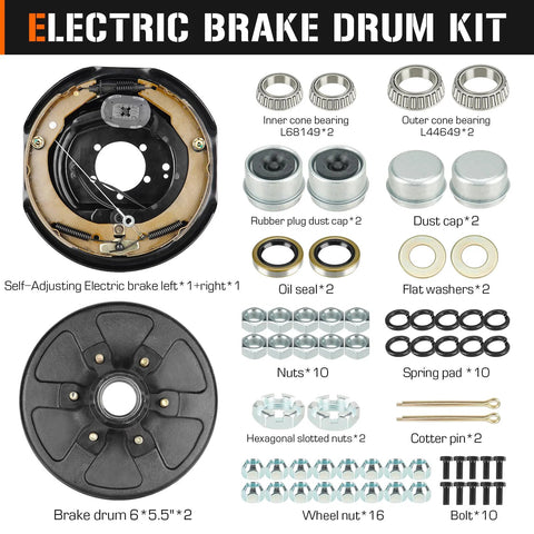 Front view of electric brake drum kit with brake drum and hardware for 6 on 5.5 in bolt circle trailer axles