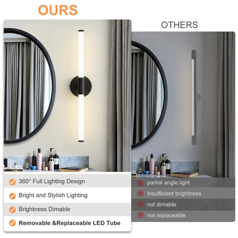 Comparison of dimmable LED vanity light bar for bathroom, 360-degree full illumination, black 24 inch, 4000K natural white