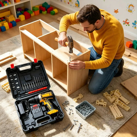 Man using Badass 21V Cordless Drill And Rechargeable Electric Screwdriver Set For Home Workshop Projects to assemble furniture.