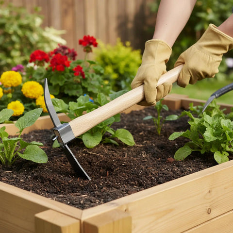 Gardener using Heavy Duty 2 In 1 Garden Hoe And Pickaxe With Wood Handle in planting bed