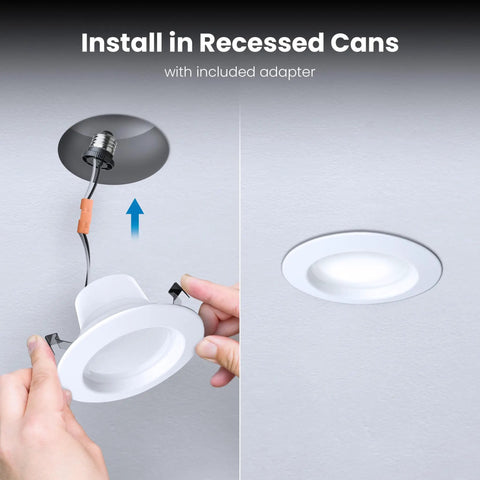 Install 4 Inch Led Recessed Downlight 5Cct Tunable White Dimmable Ceiling Fixture 4 Pack in recessed cans with included adapter.