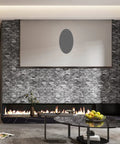 Living room with 20 Pack 3D Wall Panels Peel And Stick Foam Brick Wallpaper Self Adhesive Faux Stone Wall Panels Black